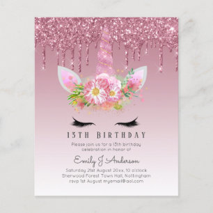 BUDGET Roze Glitter Unicorn Girls Birthday Invita Flyer