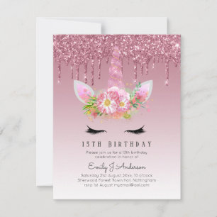 BUDGET Roze Glitter Unicorn Girls Birthday Invita Kaart