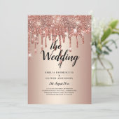 Budget Roze Goud Druppelende Glitters Bruiloft Uit Kaart (Staand voorkant)