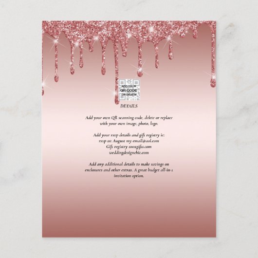 Budget Roze Goud Druppelende Glitters TROUW Uitnod Flyer (Achterkant)