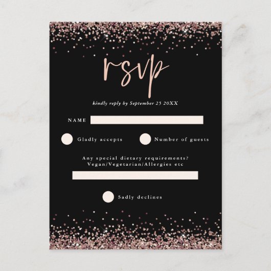 Budget Roze Goud Glitter Script Zwarte Huwelijks-R Briefkaart (Voorkant)