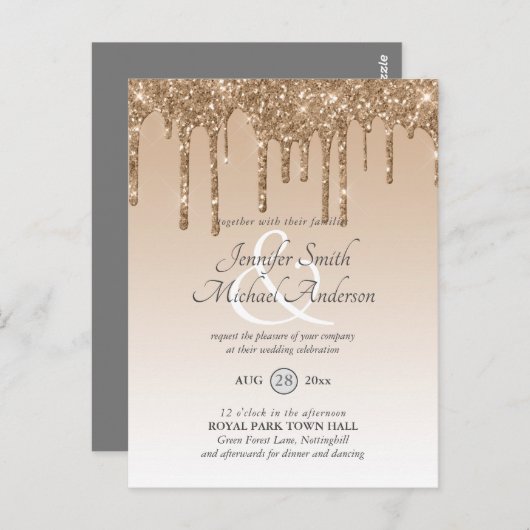 Budget Roze Gouden Glitter Druipende TROUWKAART UI Briefkaart (Voorkant / Achterkant)