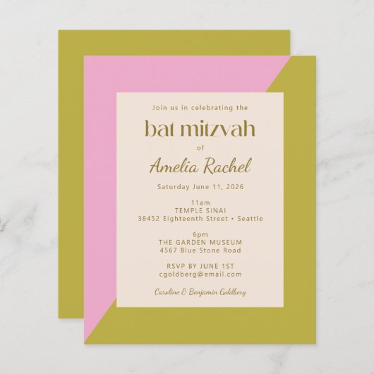 Budget roze groene kleur blok bat Mitzvah nodigt u (Voorkant / Achterkant)