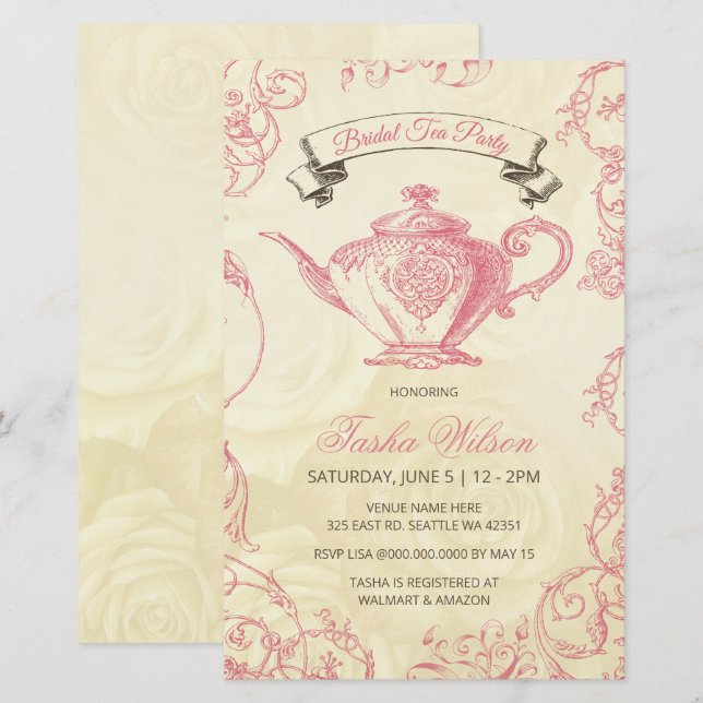 Budget roze Ivory  Bridal Tea uitnodiging (Voorkant / Achterkant)