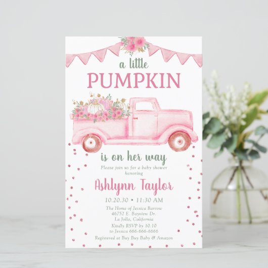 Budget roze Little Pumpkin Baby shower Invitation (Staand voorkant)
