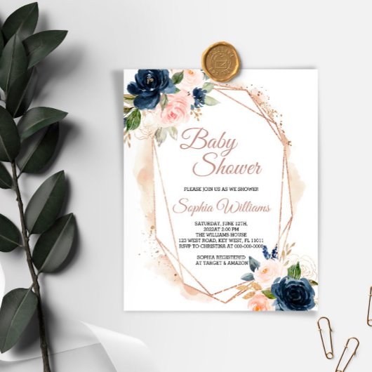 Budget roze, Navy & Gold Baby shower Uitnodiging