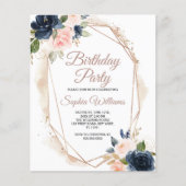 Budget roze, Navy & Gold Birthday Party Invitation (Voorkant)