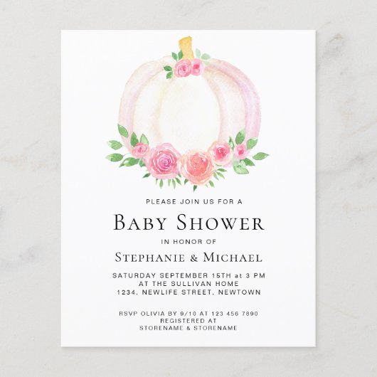 Budget roze pompoenen Baby shower Uitnodiging (Voorkant)