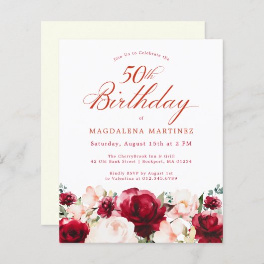 Budget Roze Rode Bloemen 50e Verjaardag Uitnodigen (Voorkant / Achterkant)