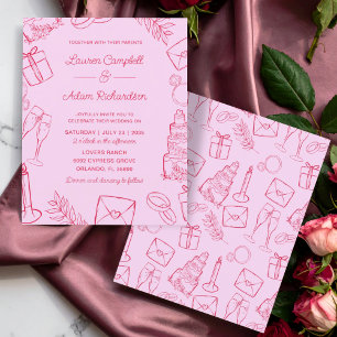 Budget Roze & Rode Handgetekende Trouwkaart