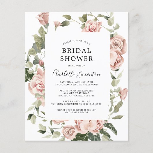 Budget Roze Roos Bloemige Trouw Bruiloft Uitnodigi Flyer (Voorkant)