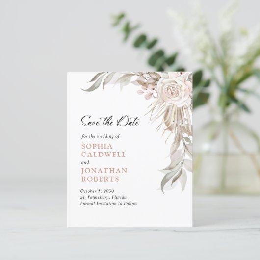 Budget roze Rose Elegant Foliage Save the Date (Staand voorkant)