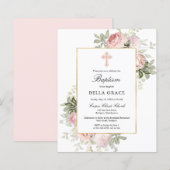 Budget  Roze Rose Floral Baptism Uitnodiging (Voorkant / Achterkant)