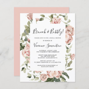 Budget Roze Rose Floral Brunch Bubble Uitnodiging