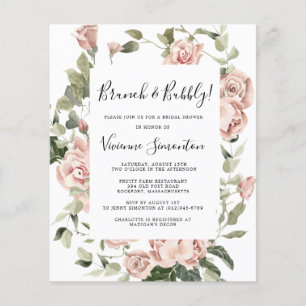 Budget Roze Rose Floral Brunch Bubble Uitnodiging Flyer