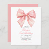 Budget Roze Strik Meisje Eerste Verjaardagsuitnodi (Voorkant / Achterkant)