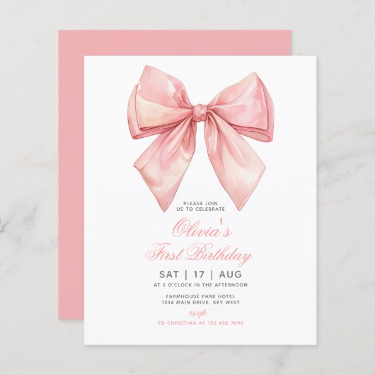 Budget Roze Strik Meisje Eerste Verjaardagsuitnodi (Voorkant / Achterkant)