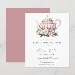 Budget Roze Tea Party Meisje Baby shower Uitnodige