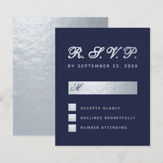 Budget RSVP Navy Blue Silver Script Wedding Kaart (Voorkant / Achterkant)