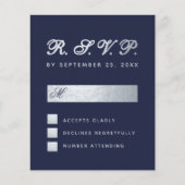 Budget RSVP Navy Blue Silver Script Wedding Kaart (Voorkant)