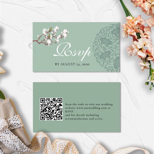 BUDGET RSVP QR Code Weddenschap Details Sage Green Informatiekaartje