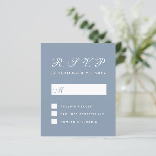 Budget RSVP Stapel Blue White Script Response Kaar (Staand voorkant)