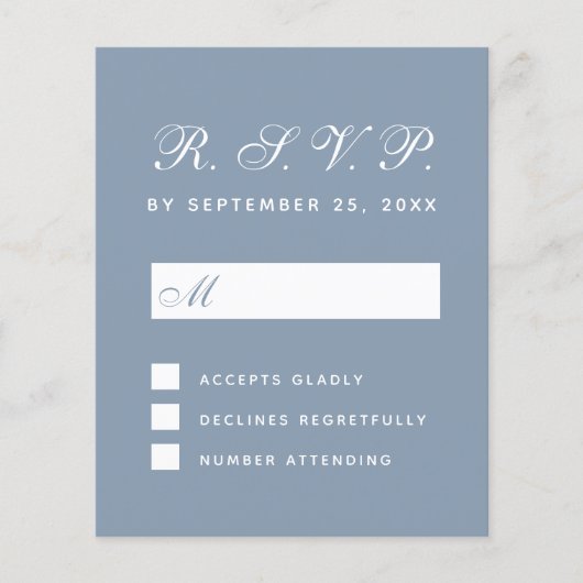 Budget RSVP Stapel Blue White Script Response Kaar (Voorkant)