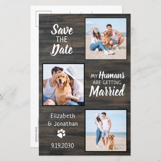 Budget Rustic 3 Photo Dog Wedding Save the Date (Voorkant / Achterkant)