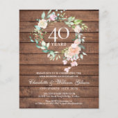 Budget Rustic 40th Anniversary Ruby Bloemen Uitnod (Voorkant)