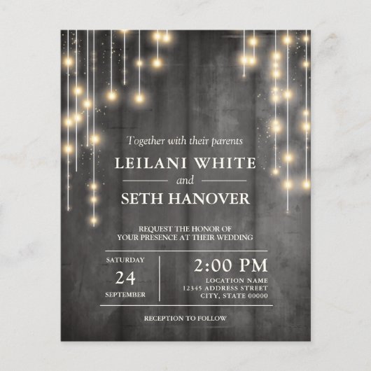 Budget Rustic Black String Lights Wedding Invite (Voorkant)