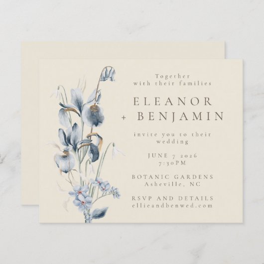 Budget  Rustic Blue Floral Wedding Invite (Voorkant / Achterkant)