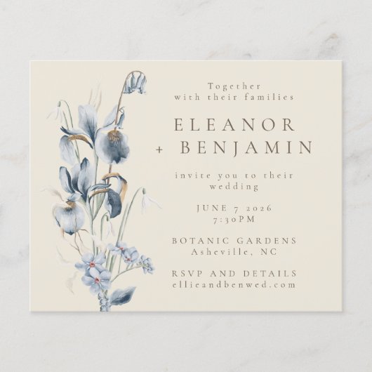 Budget  Rustic Blue Floral Wedding Invite (Voorkant)
