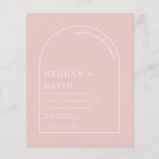 Budget Rustic Blush Modern Arch Wedding Uitnodigin (Voorkant)