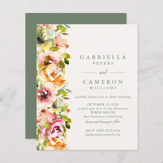 Budget Rustic Burgundy Green Floral Wedding Invite (Voorkant / Achterkant)