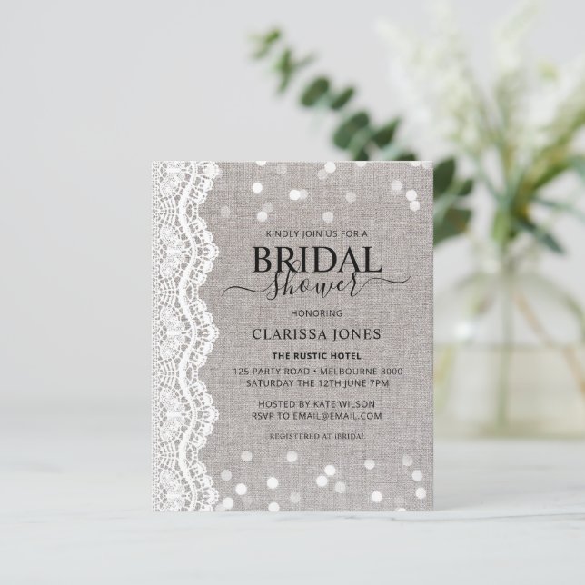 BUDGET Rustic Burlap Lace Bridal Shower Uitnodigin (Staand voorkant)