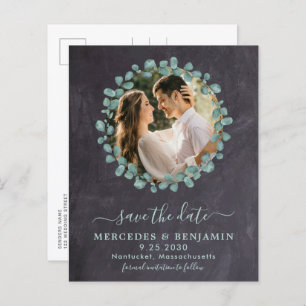 Budget Rustic Eucalyptus Photo Save the Date Kaart