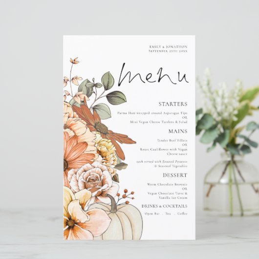 Budget Rustic Fall Florals Citrouille Menu Mariage (Debout devant)