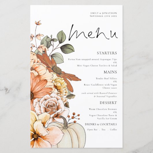 Budget Rustic Fall Florals Citrouille Menu Mariage (Devant)