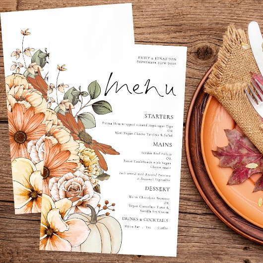 Budget Rustic Fall Florals Citrouille Menu Mariage