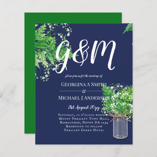 BUDGET Rustic Ferns Greenery Blue Wedding Invite (Voorkant / Achterkant)