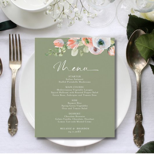 Budget Rustic Floral Sage Vert Mariage Menu