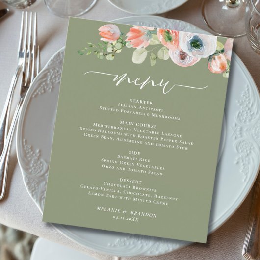 Budget Rustic Floral Sage Vert Mariage Menu