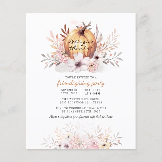 Budget Rustic Friendsgiving Floral Herfst Pumpkin Flyer (Voorkant)