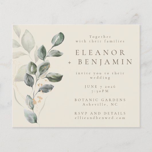 Budget Rustic Gold Greenery Wedding Invite (Voorkant)