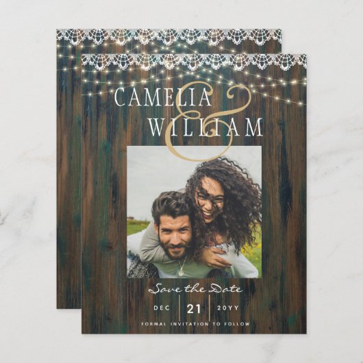 BUDGET RUSTIC LIGHTS LACE PHOTO Wedding Save Date (Voorkant / Achterkant)