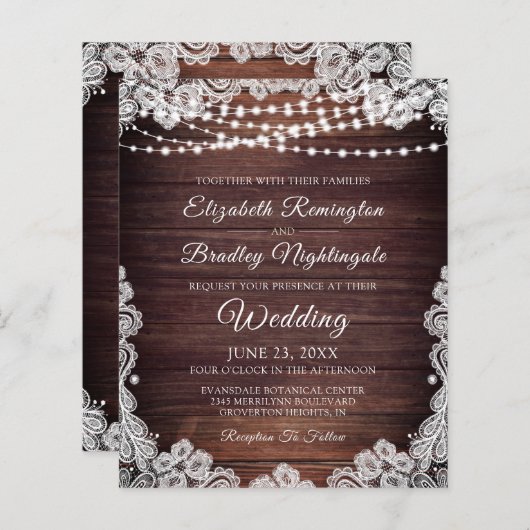 Budget Rustic Lights White Lace Wedding Invitation (Voorkant / Achterkant)