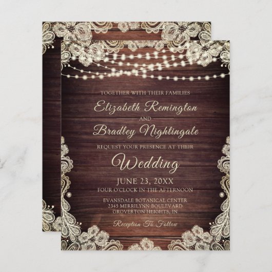 Budget Rustic Livory Lace Wedding Uitnodiging (Voorkant / Achterkant)