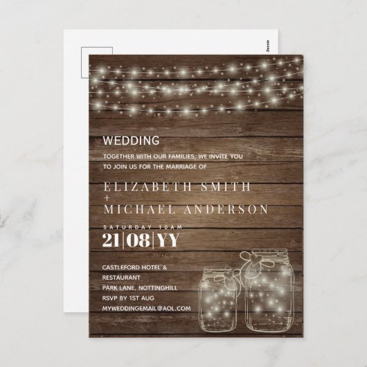 Budget Rustic Mason Jars allume les invitations -  (Devant / Derrière)