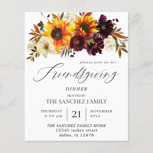 Budget Rustic Sunflower Floral Friendsgiving Flyer (Voorkant)