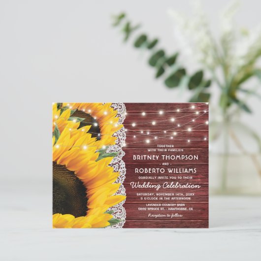 Budget Rustic Sunflower Lace Wedding Uitnodiging (Staand voorkant)